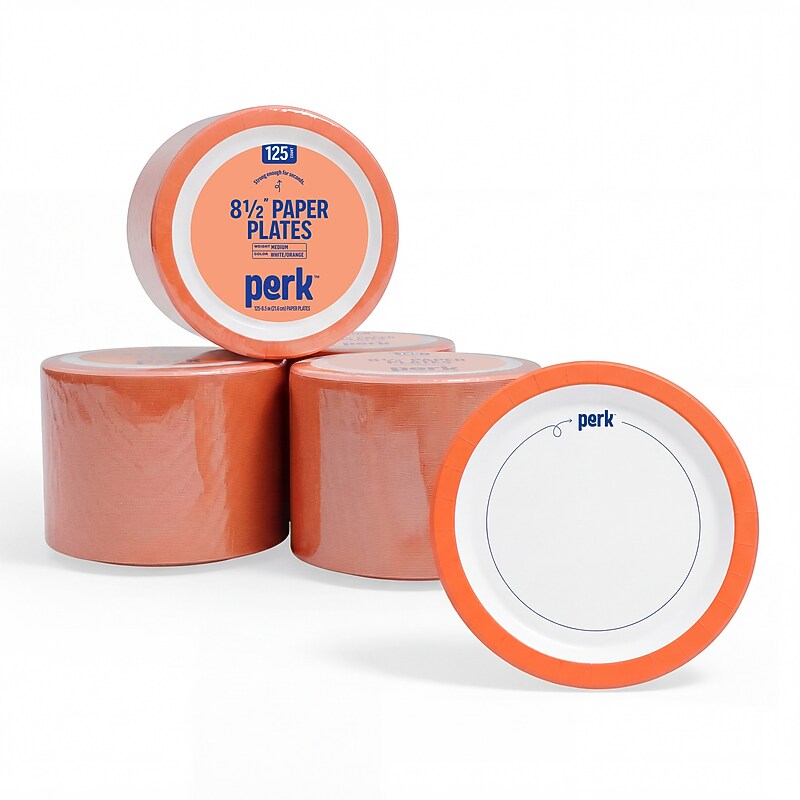 Perk™ Medium-Weight Paper Plates, 8.5", White/Orange, 500/Carton (PK54329CT) image 1