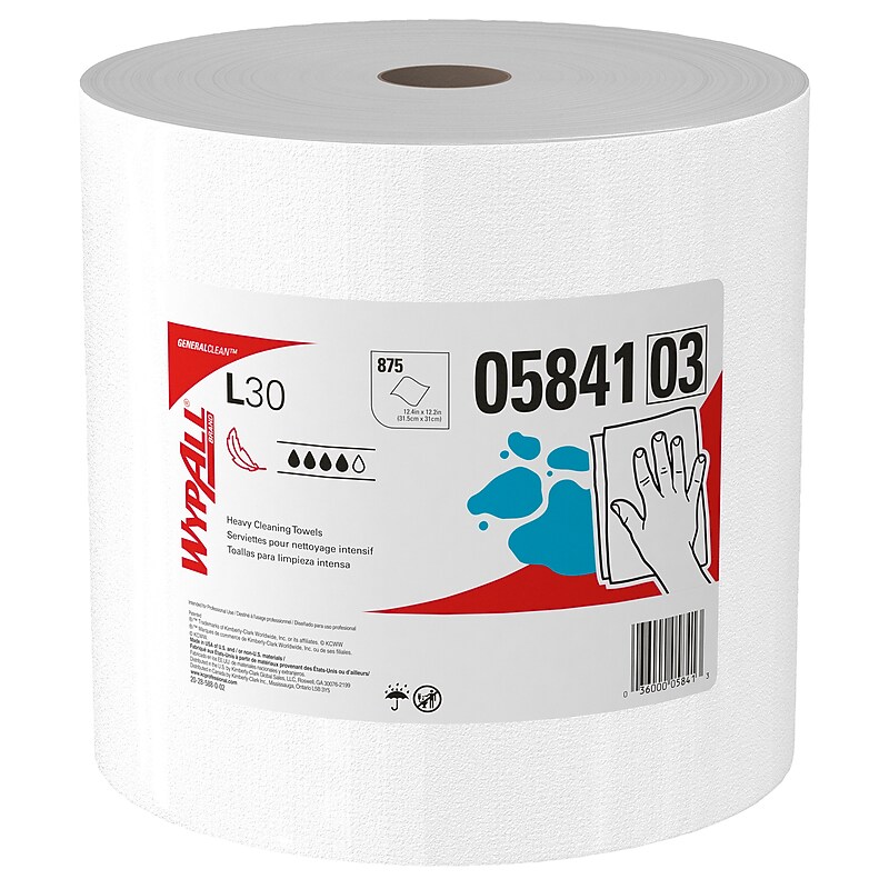 WypAll GeneralClean L30 Fabric Cleaning Wipers, 13.3" x 12.4", White, 875 Sheets/Roll, 875 Wipers/Box (5841) image 1