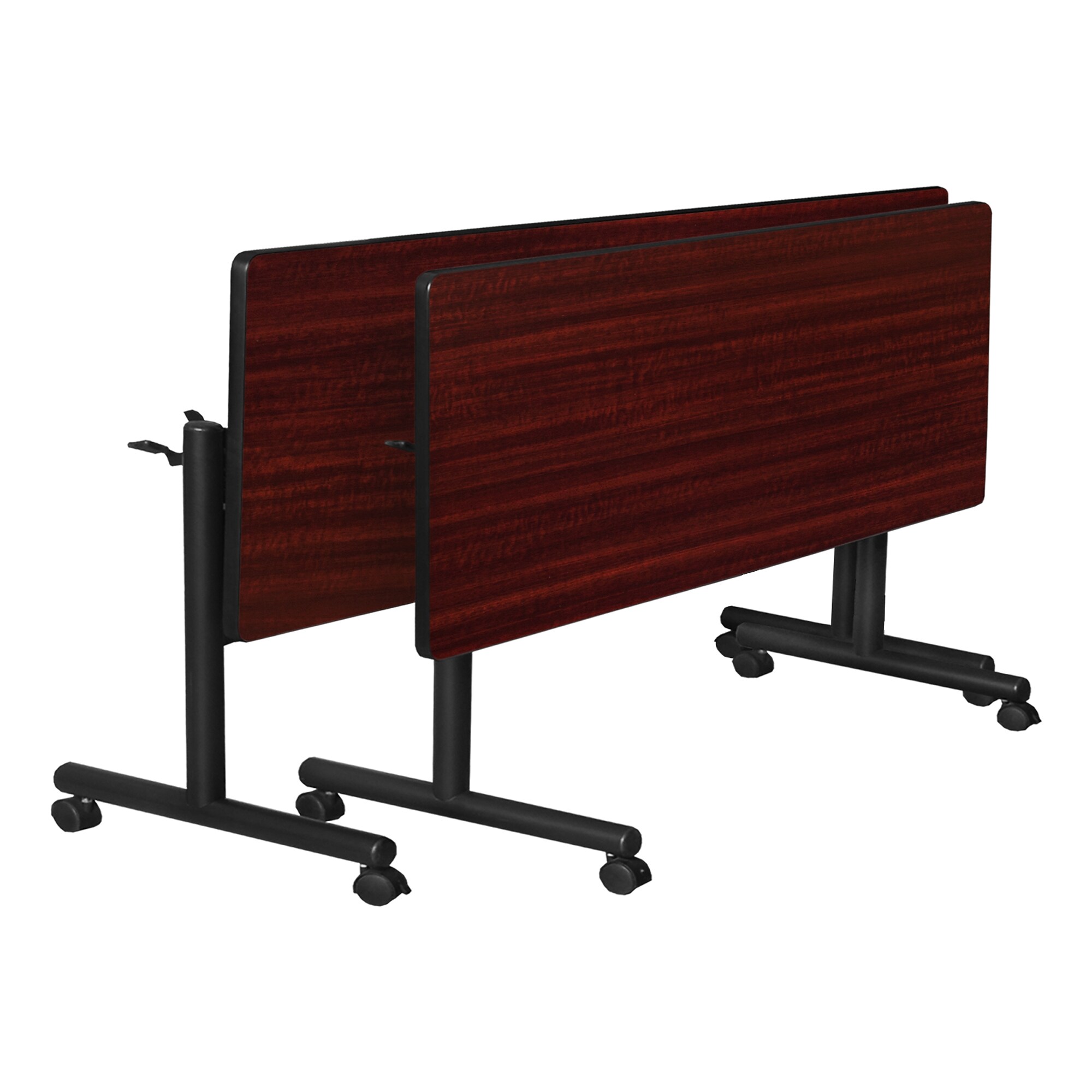 Mahogany flip-top training table folded upright view