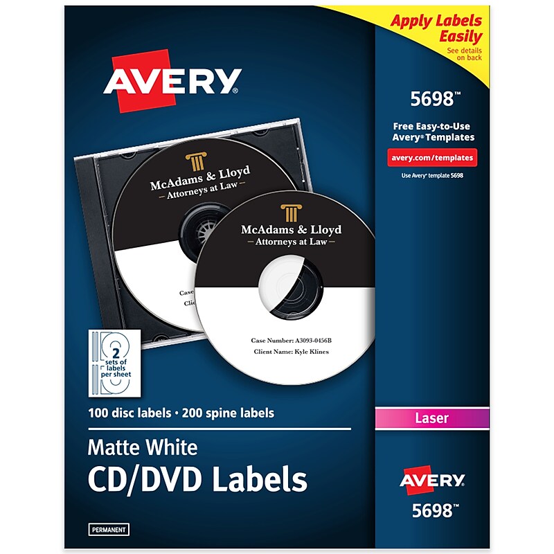 Avery Laser CD Labels, White, 2 Labels/Sheet, 50 Sheets/Pack, 100 Labels/Pack (5698) image 1