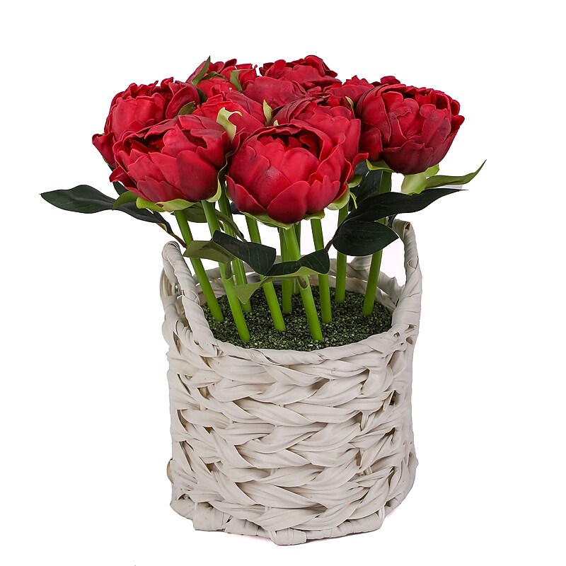 National Tree Company 10" Red Peony Flower Bouquet in White Basket (MT81-06126GRD-1) image 1