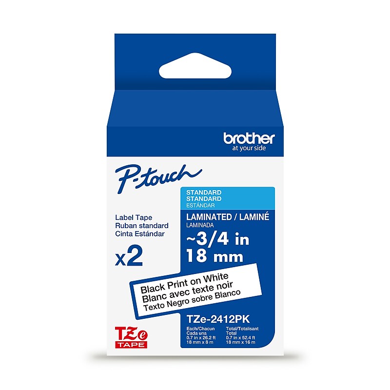 Brother P-touch Laminated Label Tape, ~3/4" x 26.2', Black on White, 2/pack (TZe2412PK) image 1