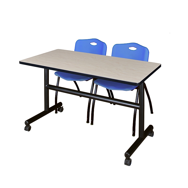 Regency Kobe 48" Flip Top Mobile Training Table- Maple & 2 'M' Stack Chairs- Blue image 1