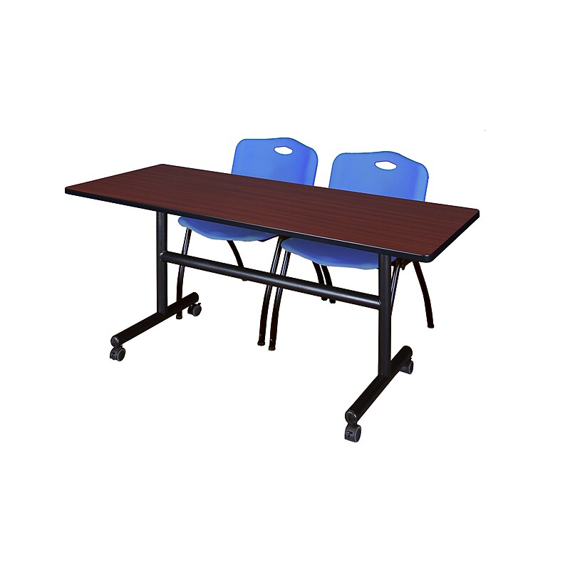 Regency Kobe 60" Flip Top Mobile Training Table- Mahogany & 2 'M' Stack Chairs- Blue image 1