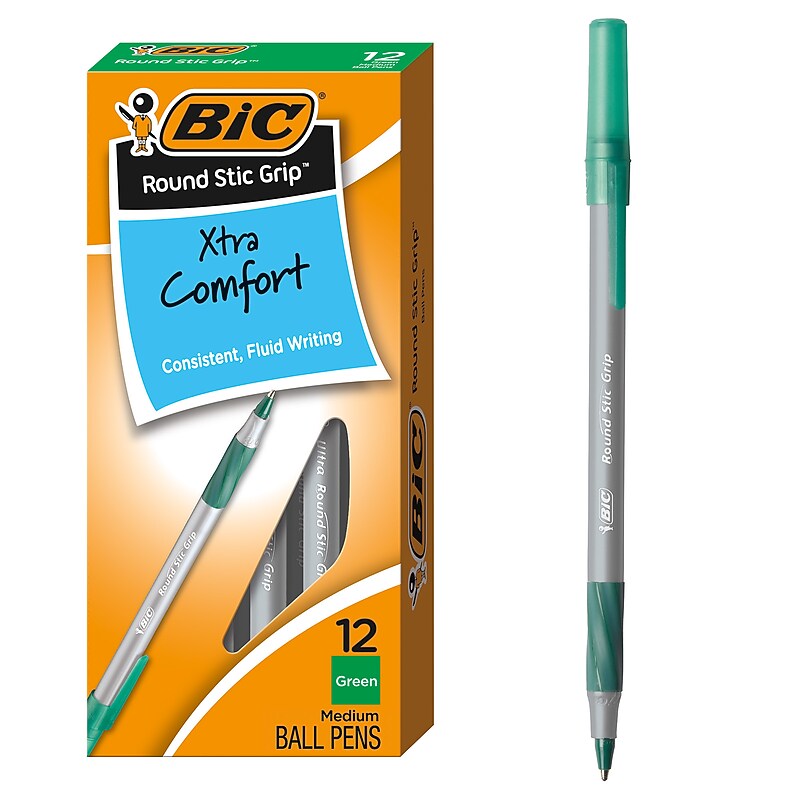 BIC Round Stic Grip Xtra Comfort Ballpoint Pens, Medium Point, Green Ink, Dozen (13888) image 1