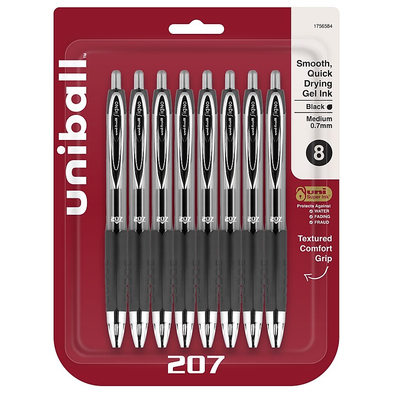 uni-ball 207 Retractable Gel Pens, Medium Point, 0.7mm, Black Ink, 8/Pack (1756584) image 1