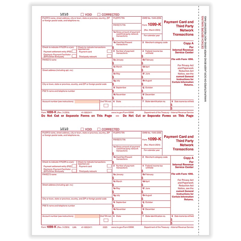 ComplyRight 2024 1099 Tax Form, 2-Part, 2-Up, Copy A, 100/Pack (5325) image 1