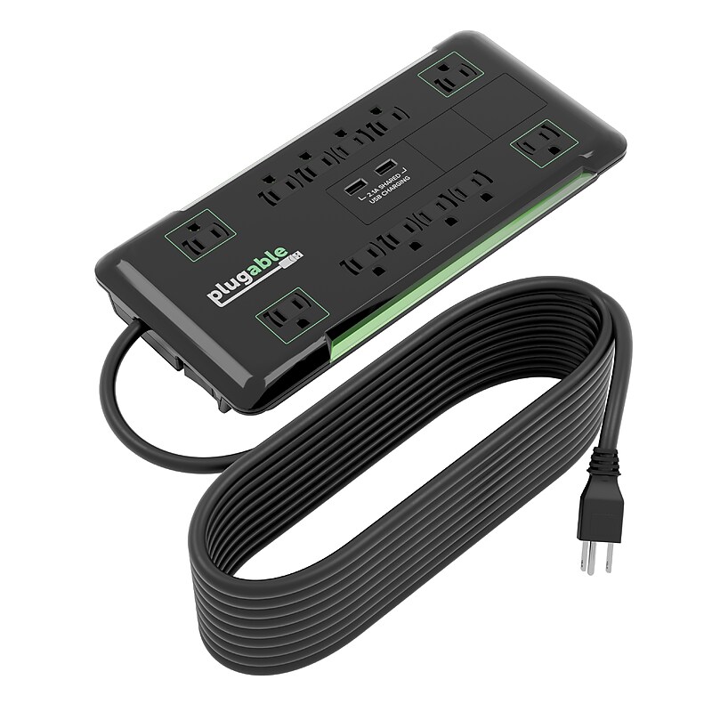 Plugable 12-Outlet Power Strip with 2-Port USB Charger, 25 ft., Black (PS12-USB25) image 1