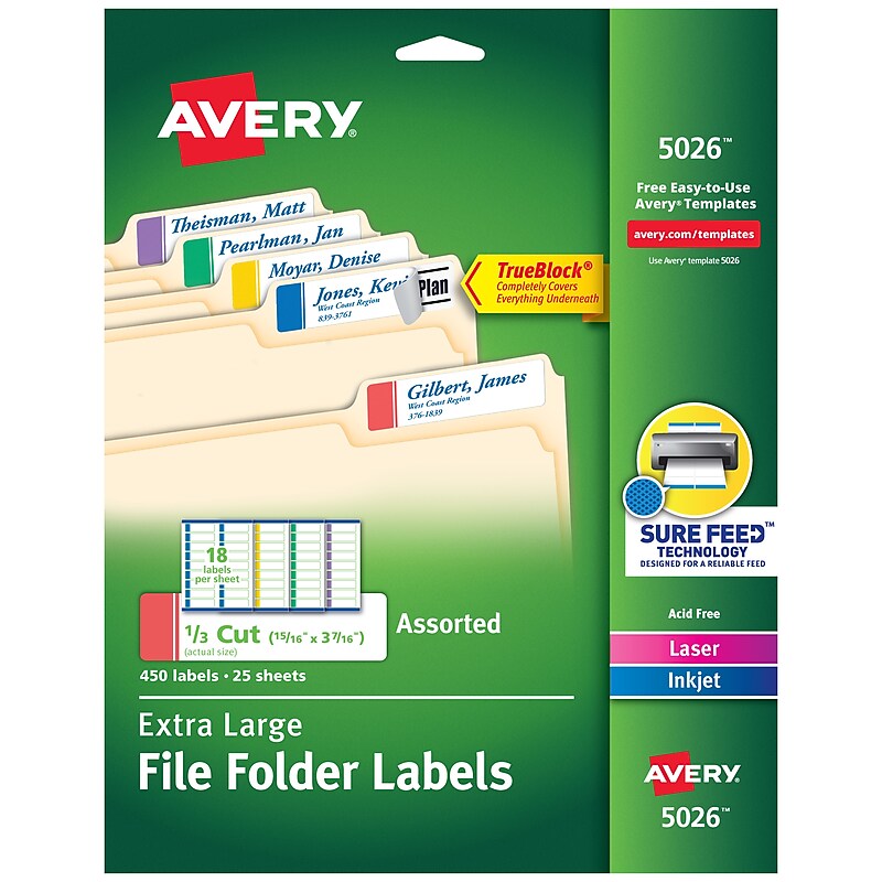 Avery TrueBlock Laser/Inkjet Extra Large File Folder Labels, 15/16" x 3-7/16", Assorted Colors, 450 Labels/Pack (5026) image 1