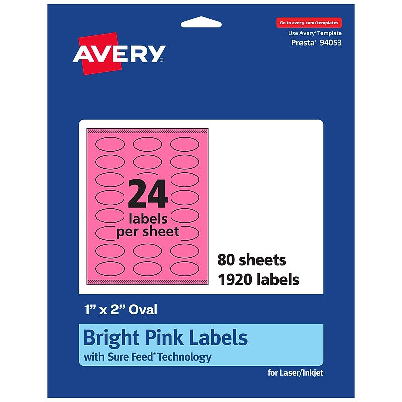Avery Laser/Inkjet Oval Multipurpose Labels, 1" x 2", Bright Pink, 1920/Box (94053) image 1