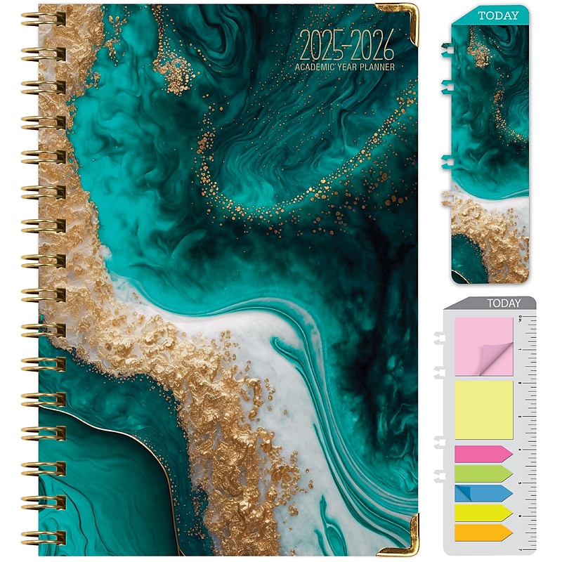 2025-2026 Global Printed Products Teal Gold Marble 5.5" x 8" Academic Weekly & Monthly Planner, Paper Cover image 1