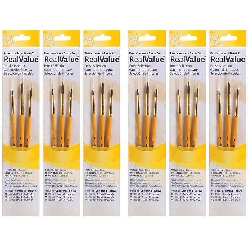 Princeton RealValue Short Handle Mixed Media Natural Camel Round Brush Set, 3/Set, 6 Sets/Bundle (PBXPR9100-6) image 1