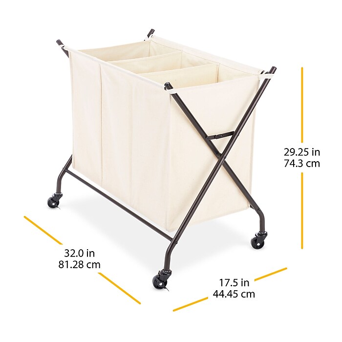 Whitmor 3-Section Rolling Laundry Sorter, Metal, Black/Natural