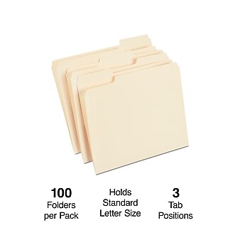 Staples® 30% Recycled File Folders, 1/3-Cut Tab, Letter Size, Manilla, 100/Box (ST56675)