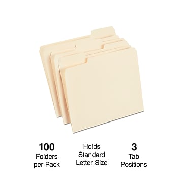 Staples® 30% Recycled File Folders, 1/3-Cut Tab, Letter Size, Manilla, 100/Box (ST56675)
