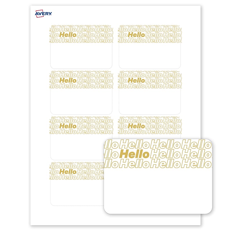 Avery Adhesive Name Tags, Pre-printed Gold Hello Pattern Design image 1