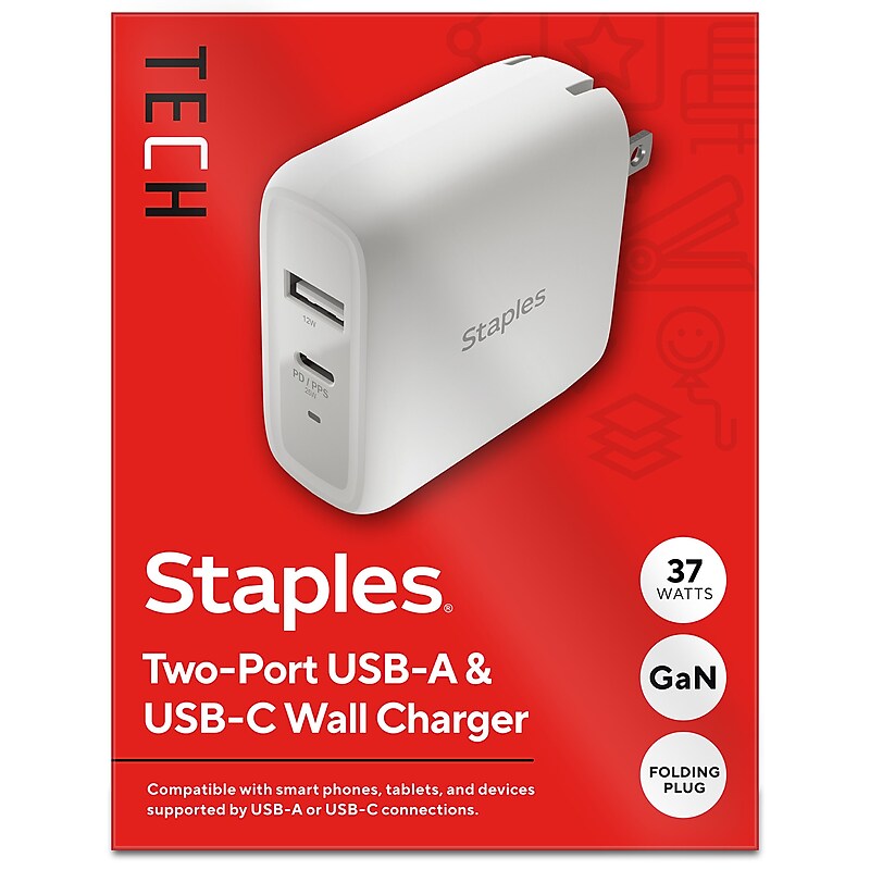 Staples TECH GaN USB-A/USB-C Wall Charger, 37W, White (ST62324-CC) image 1