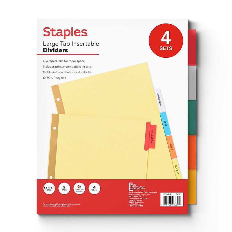 Staples Large Tab Insertable Paper Dividers, Assorted Colors, 5-Tabs, 4 Sets (13515/14481) image 1