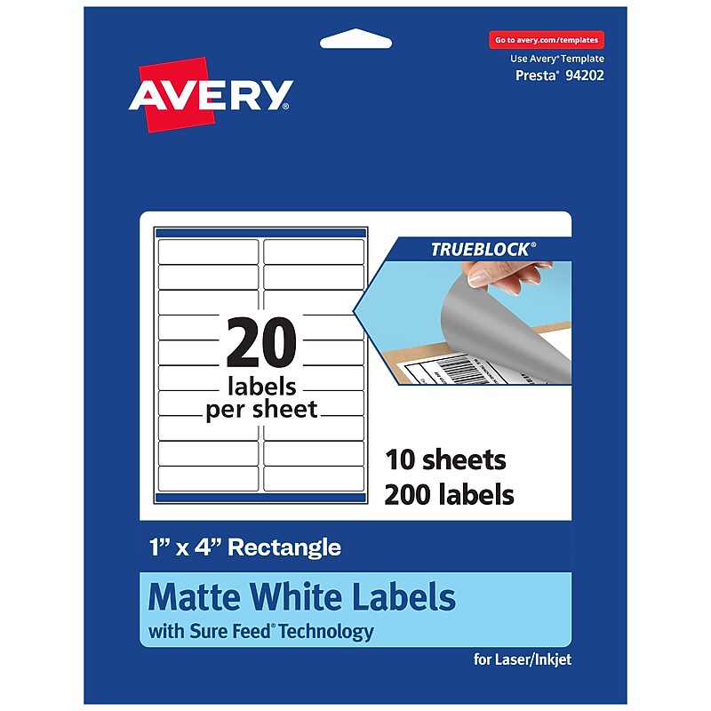Avery TrueBlock Laser/Inkjet Multipurpose Labels, 1" x 4", White, 20 Labels/Sheet, 10 Sheets/Pack (94202) image 1