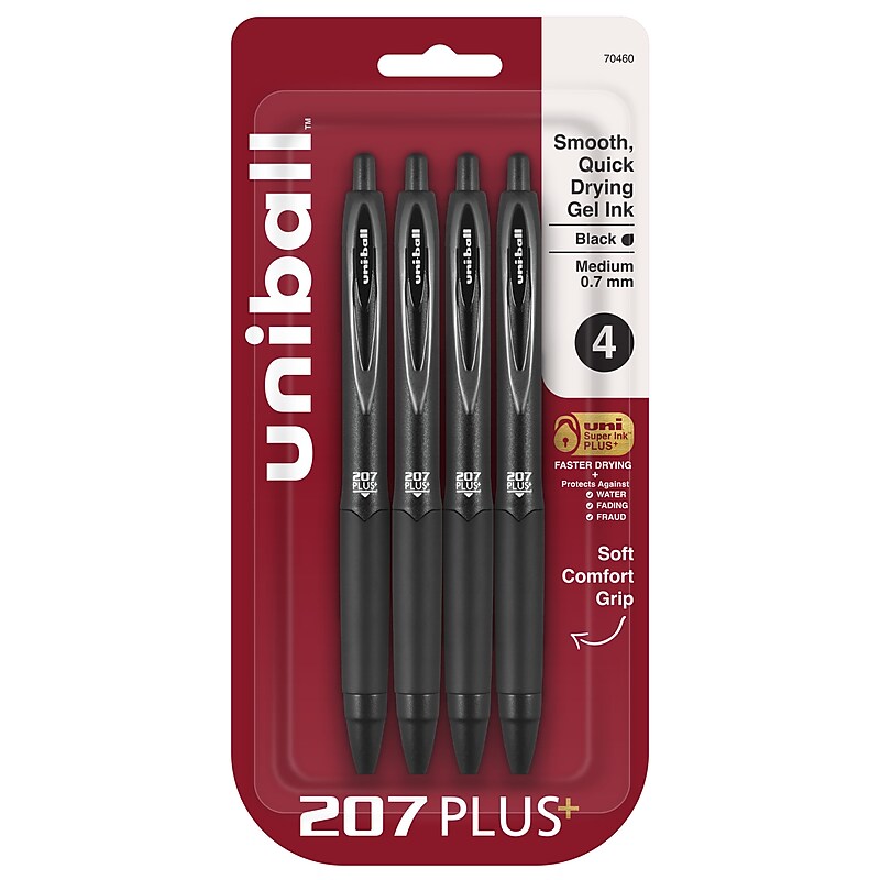 uni-ball 207 Plus+ Retractable Gel Pens, Medium Point, 0.7mm, Black Ink, 4/Pack (70460) image 1