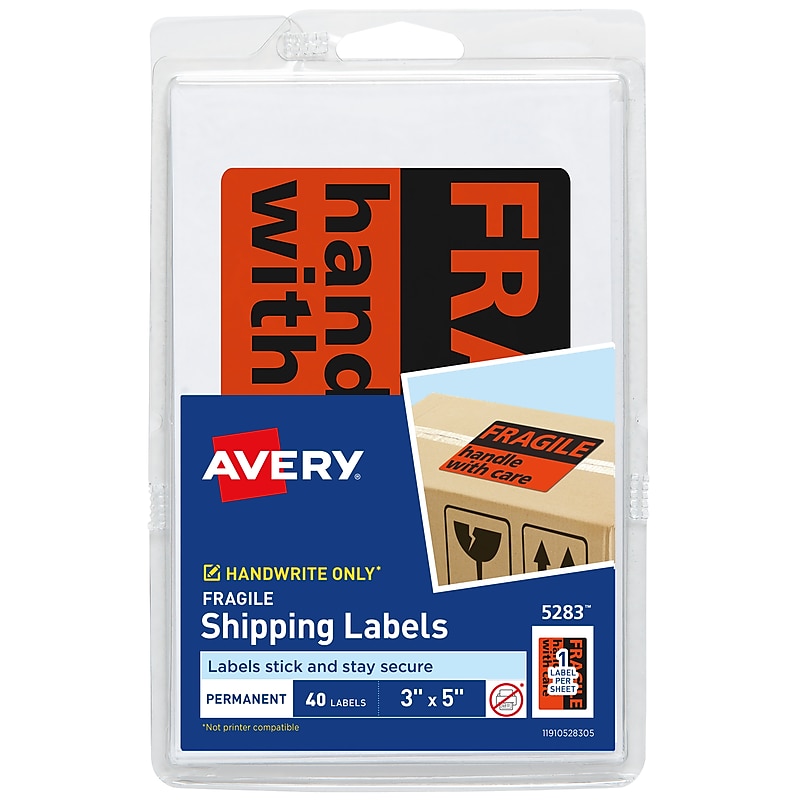 Avery "Fragile Handle with Care" Shipping Labels, Black/Neon Red, 3" x 5", 40/Pack (5283) image 1