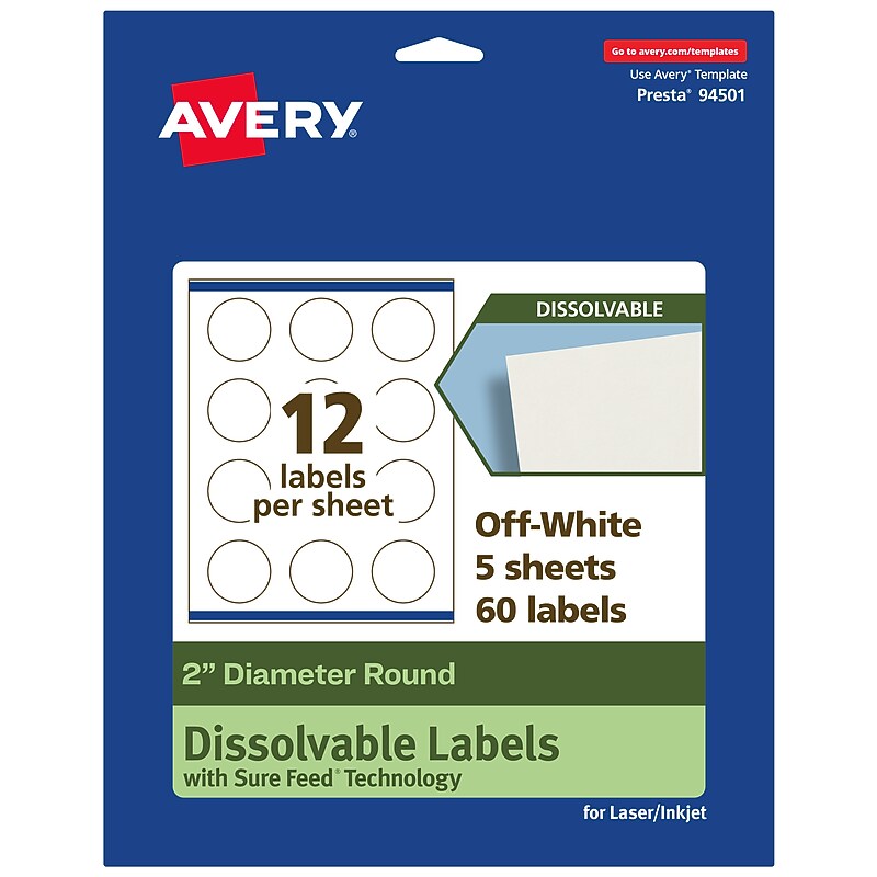 Avery Dissolvable Circle Multipurpose Labels, 2" Dia., Off-white, 60/Pack (94501) image 1