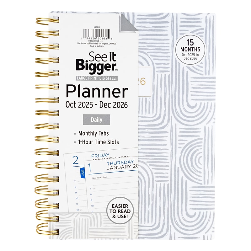 2025-2026 See It Bigger 1.25" x 7" Calendar Year Daily Planner, Paperboard Cover, White/Gray Fashion (90363) image 1