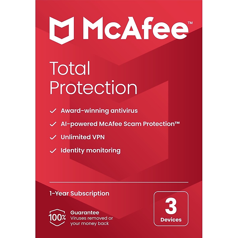 McAfee Total Protection for 3 Users, Windows/Mac/Android/iOS/ChromeOS, Product Key Card  (MTP21EST3RAAM) image 1