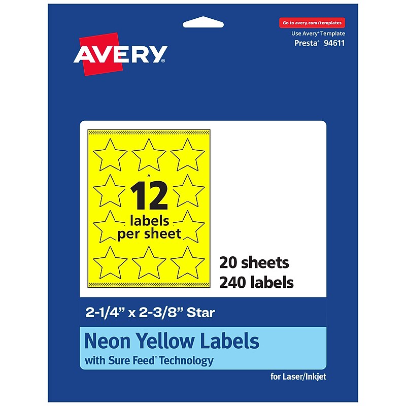 Avery Star Laser/Inkjet Multipurpose Labels, 2-1/4" x 2-3/8", Neon Yellow (240/Pack) image 1