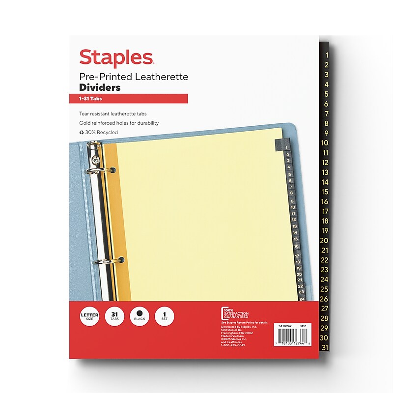 Staples Pre-Printed Leatherette Dividers, 1-31-Tabs, Black (18947/11485) image 1