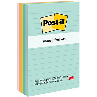 Post-it Notes, 4" x 6", Beachside Café Collection, Lined, 100 Sheets/Pad, 5 Pads/Pack (660-5PK-AST)