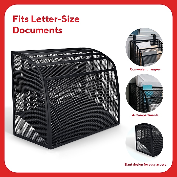 TRU RED Mesh Letter Wall File, 4‑Pocket Hanging Organizer, Black