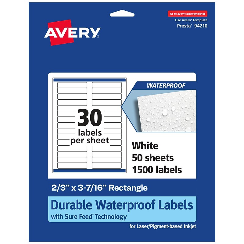 Avery Laser/Inkjet Rectangle Waterproof Multipurpose Labels, 3.4375"  x 0.6667", White, 1500/Box (94210) image 1