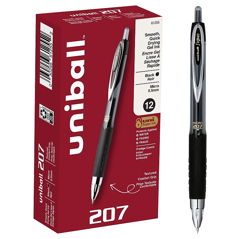uni-ball 207 Retractable Gel Pens, Micro Point, 0.5mm, Black Ink, Dozen (61255) image 1