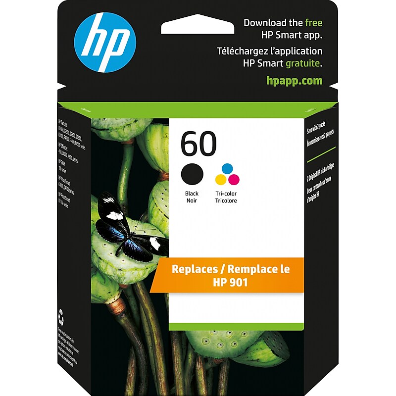 HP 60 Black/Tri-Color Standard Yield Ink Cartridge, 2/Pack (N9H63FN#140) image 1