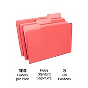 Staples File Folders, 1/3 Cut, Legal Size, Red, 100/Box (TR224550/344939)