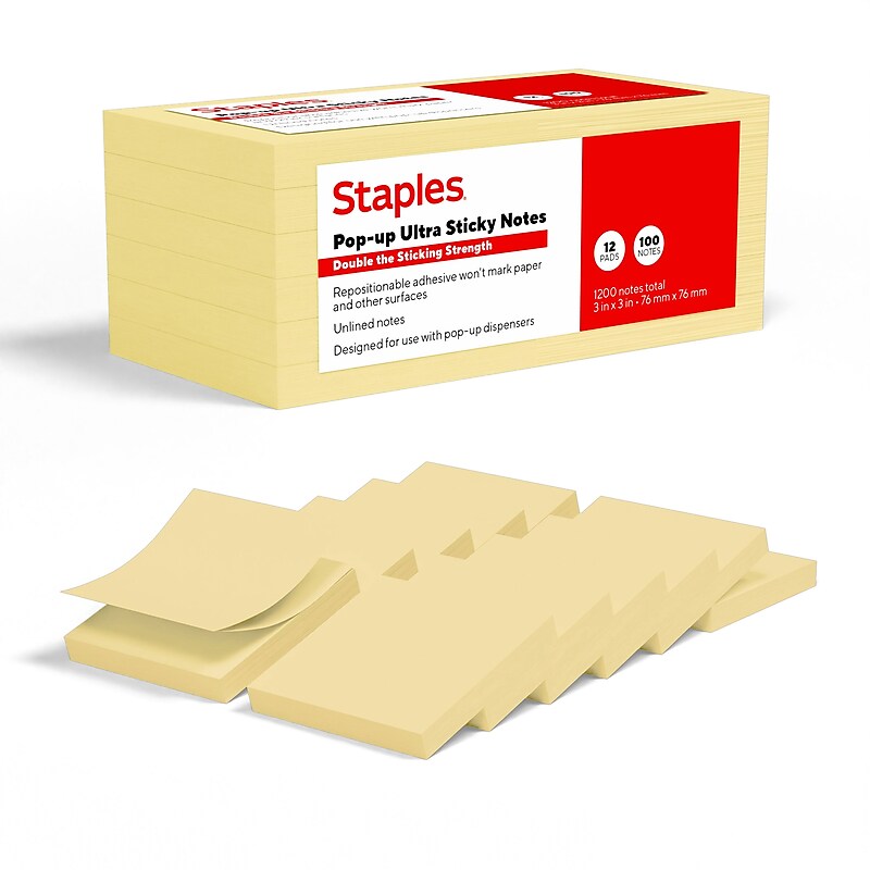 Staples Pop-up Ultra Sticky Notes, 3" x 3", Sunshine Collection, 100 Sheets/Pad, 12 Pads/Pack (ST62896) image 1