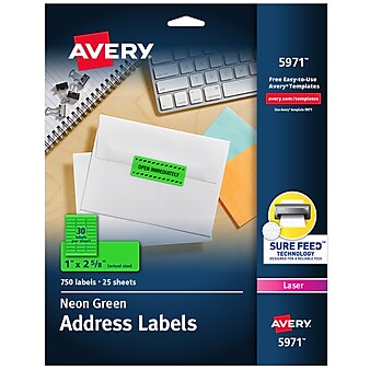 Avery Laser Address Labels, 1" x 2 5/8", Neon Green, 30 Labels/Sheet, 25 Sheets/Pack, 750 Labels/Pack (5971)