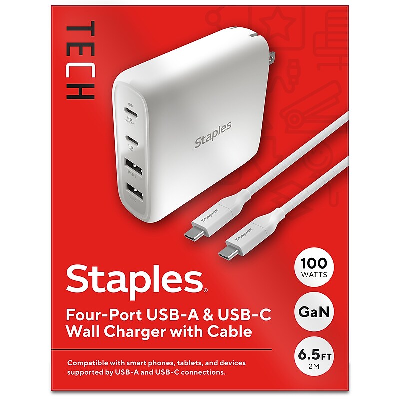 Staples TECH GaN USB-A/USB-C Wall Charger with Cable, 100W, White (ST62314) image 1