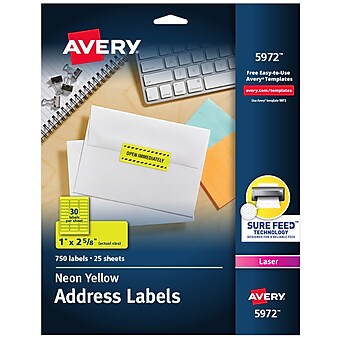 Avery Laser Address Labels, 1" x 2 5/8", Neon Yellow, 30 Labels/Sheet, 25 Sheets/Pack, 750 Labels/Pack (5972)