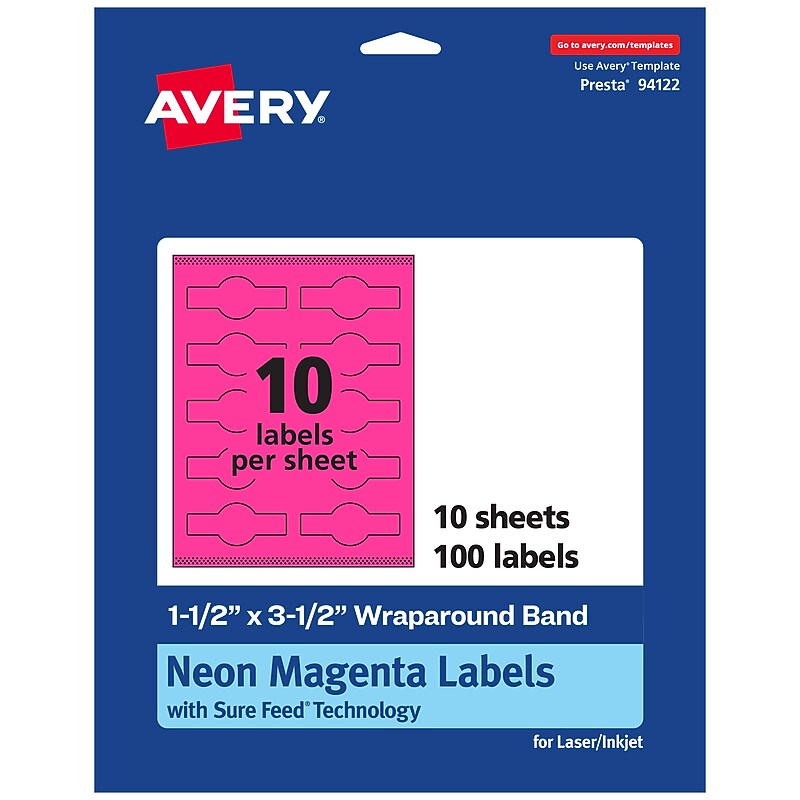 Avery Laser/Inkjet Cigar Multipurpose Labels, 1.5" x 3.5", Neon Magenta, 100/Pack (94122) image 1