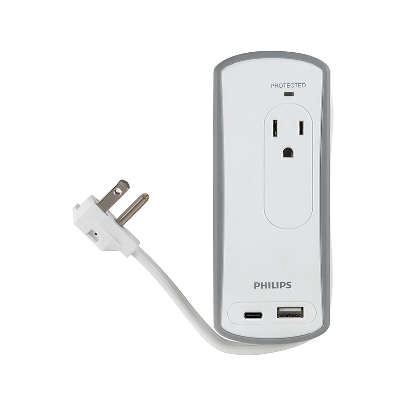 Philips 2-Outlet 2-USB Port Surge Protector, 1', Gray/White (SPP2111WA/37) image 1