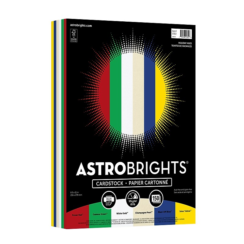Astrobrights 65 lb. Cardstock Paper, 8.5" x 11", Holiday Hues Assortment, 150 Sheets (91812) image 1