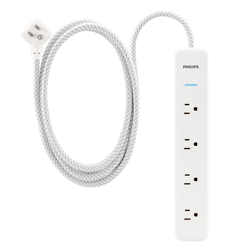 Philips 4-Outlet Surge Protector, 450J, Adapter-Spaced, 4 ft. Braided Cord, White (SPP3563W/37-T1) image 1