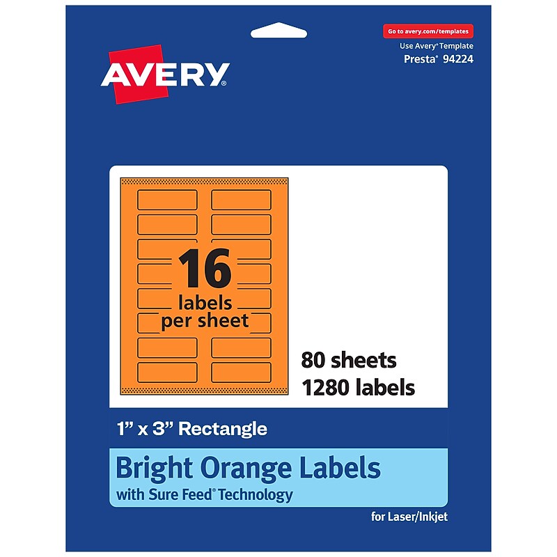 Avery Laser/Inkjet Multipurpose Rectangle Labels, 1" x 3", Bright Orange, 1280/Box (94224) image 1