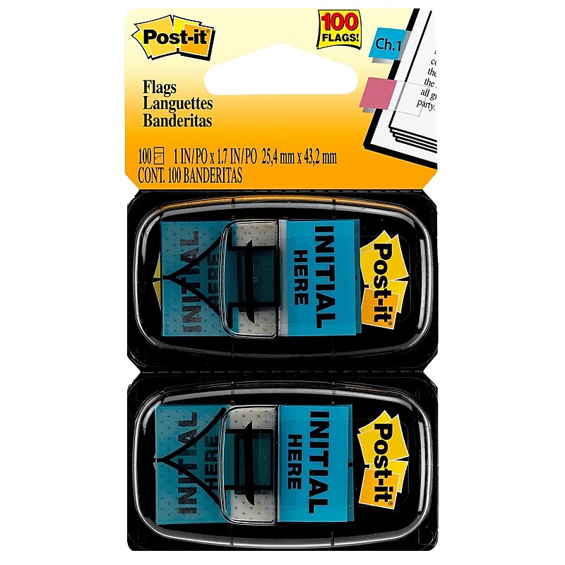 Post-it 'Initial Here' Message Flags, 1" Wide, Blue, 100 Flags/Pack (680-IH2) image 1