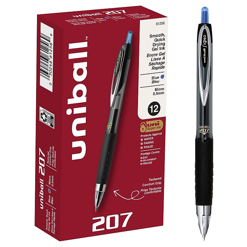 uni-ball 207 Retractable Gel Pens, Micro Point, 0.5mm, Blue Ink, Dozen (61256) image 1