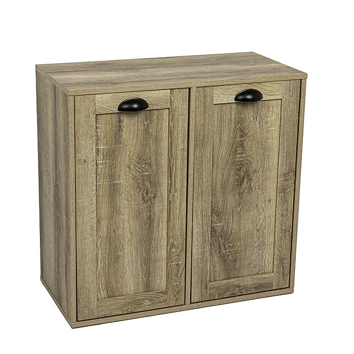 Wooden two-door cabinet with black handles.