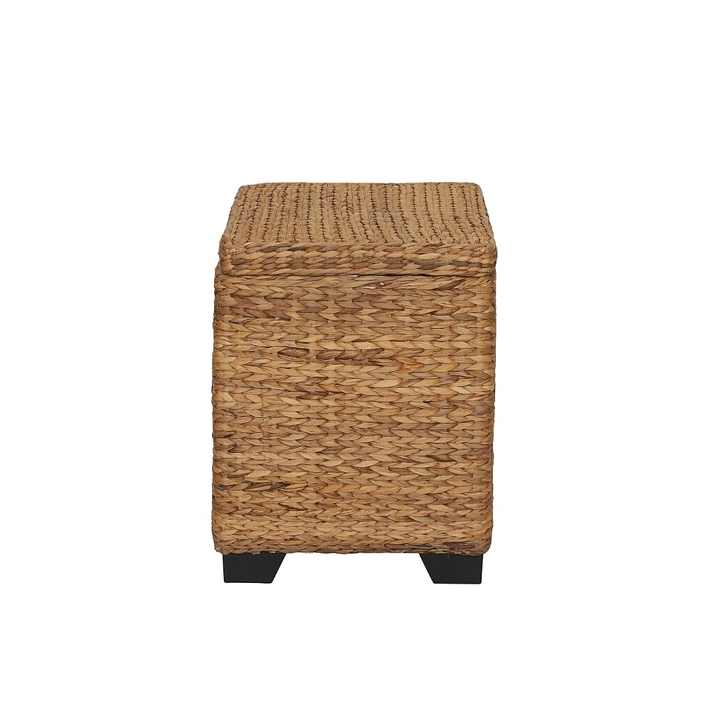 Front view of woven storage chest with lid closed