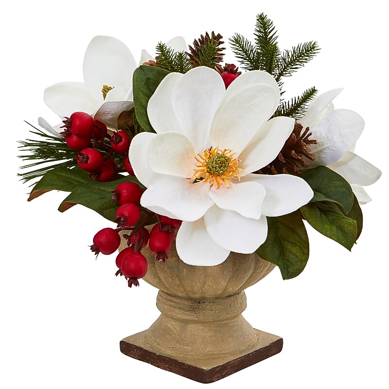Nearly Natural Artificial Magnolia, Pine and Berries Arrangement, 15" (4197) image 1